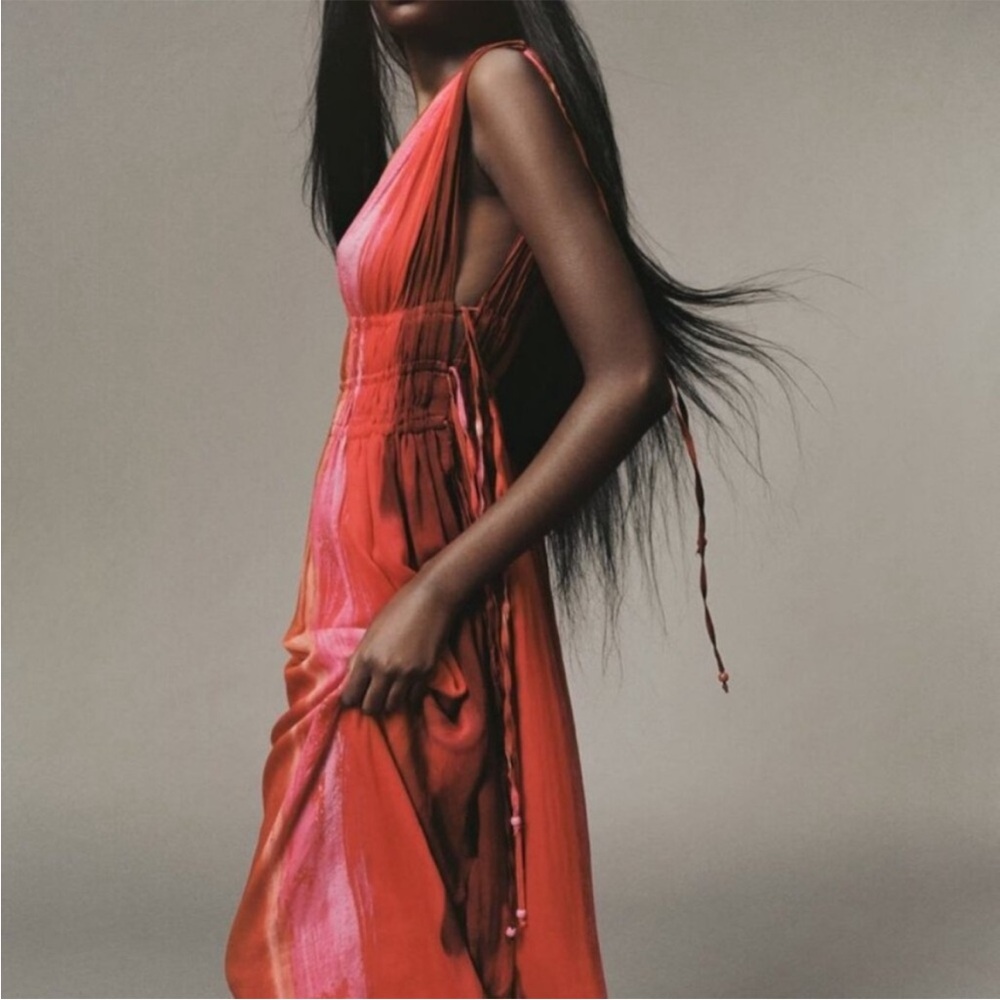 NWT ZARA Red Multicolor Tie Dye V Neck Midi Dress